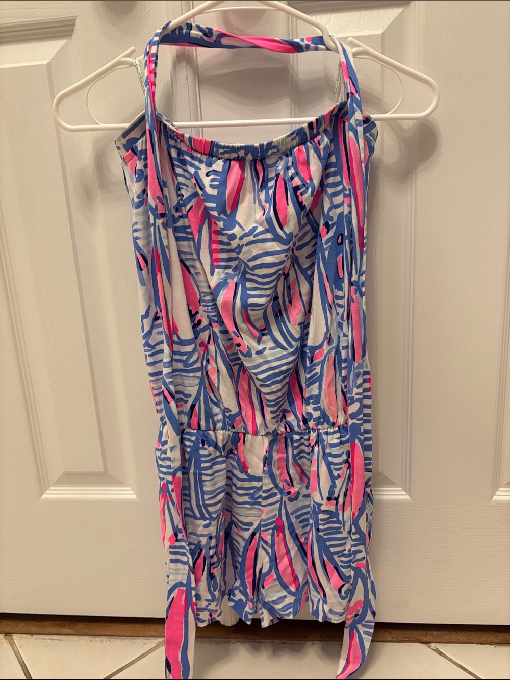 Lilly Pulitzer Pink & Blue Printed Girls Romper strapless with attachable strap